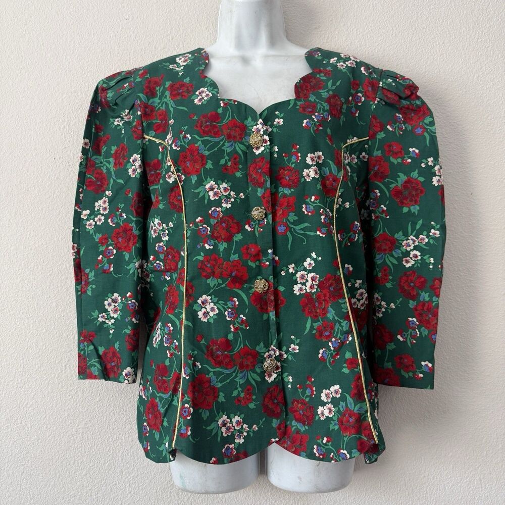 Vtg Kay Brandon Floral Puff Sleeve Blouse Size 16 Cottagecore Grandma Green
